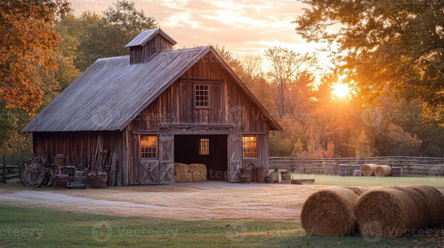 Old wooden barn with hay bales at sunset during autumn photo