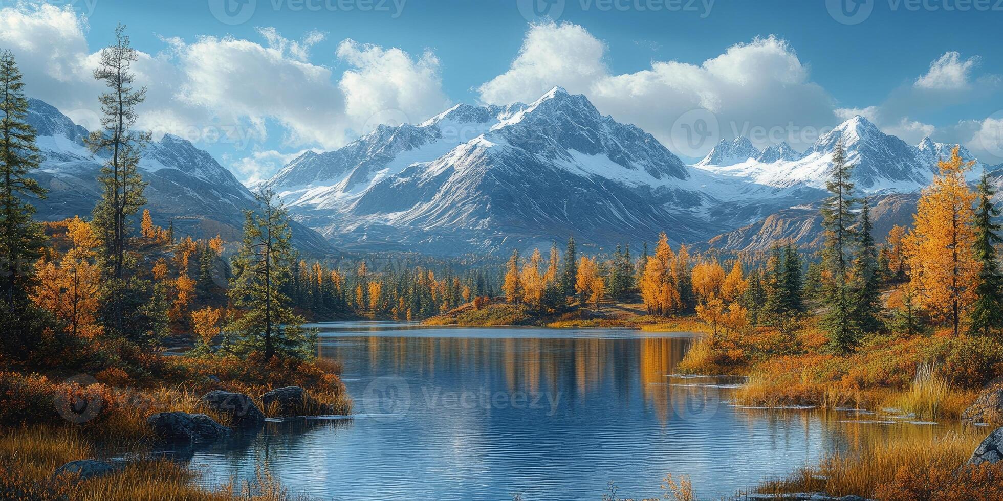 Snowy mountain range reflected in calm lake during autumn photo