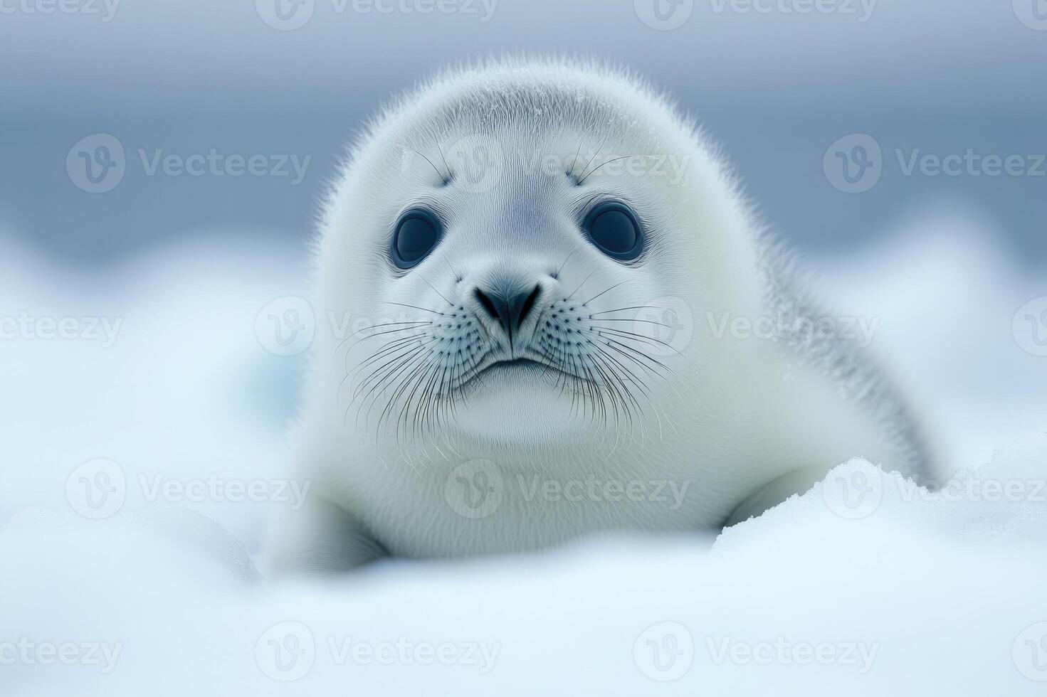 Harp seal pup resting on a snowy expanse photo