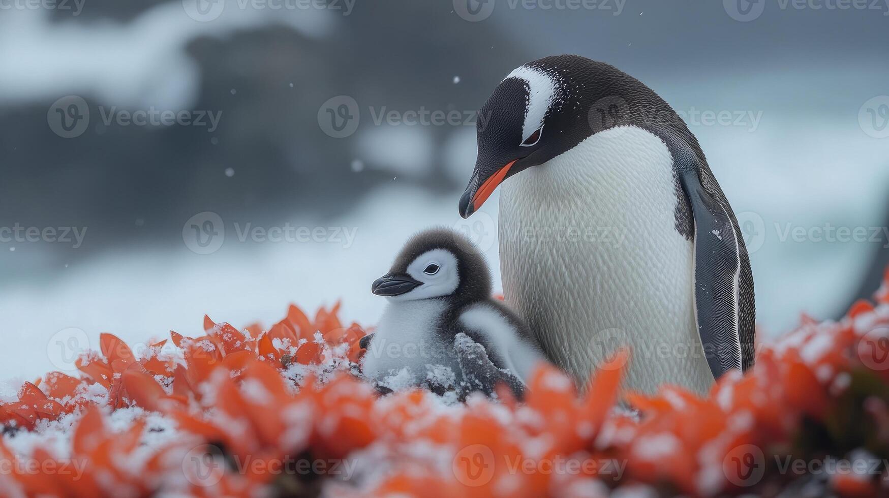 Gentoo penguin protecting baby chick in snow with red flowers photo