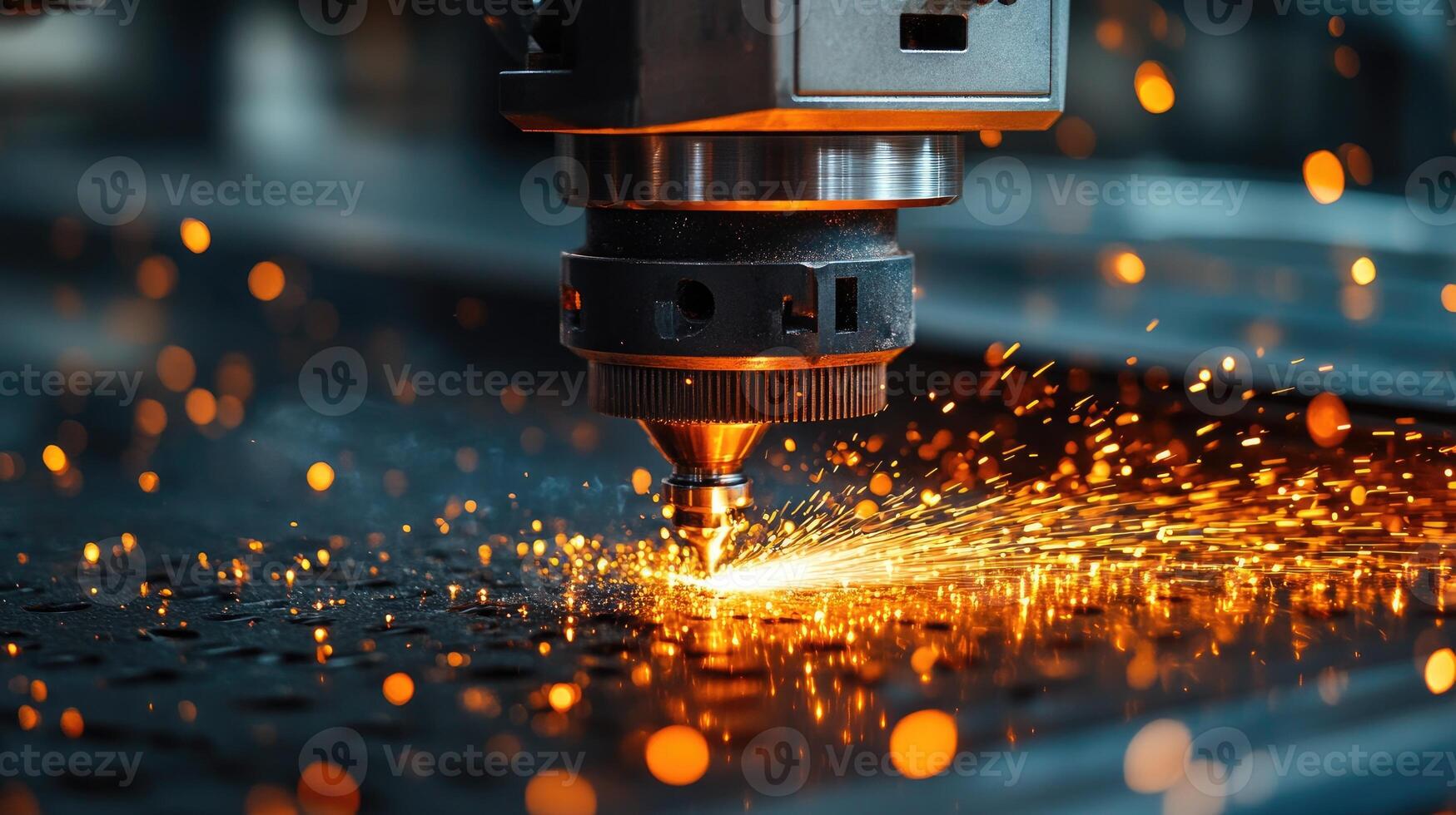 Laser cutting machine creating sparks while cutting metal sheet photo