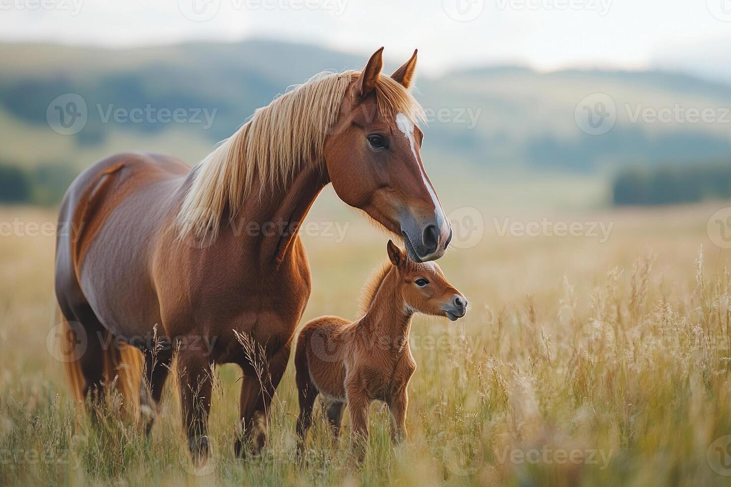 Chestnut mare standing in field with foal at sunset photo