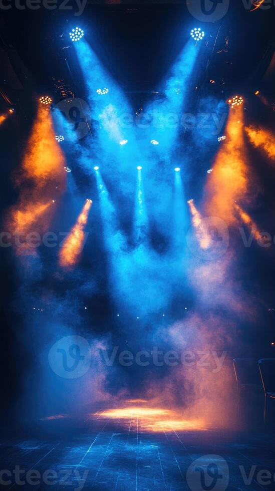 Empty stage before concert with spotlights and smoke effect photo
