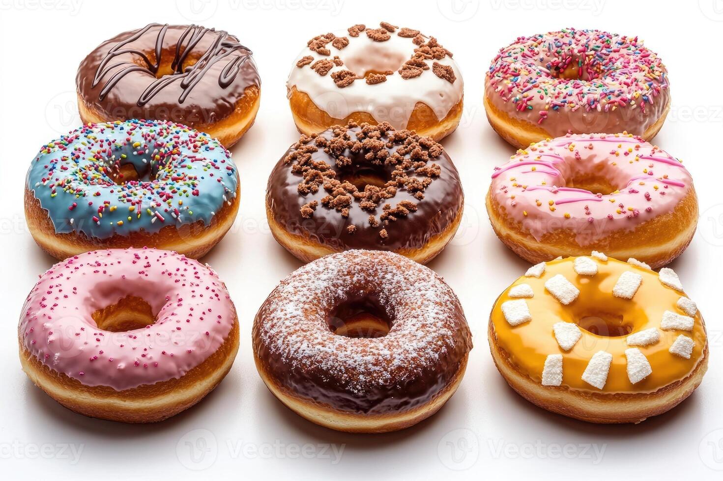 Delicious donuts with glazing and sprinkles forming a grid on white background photo