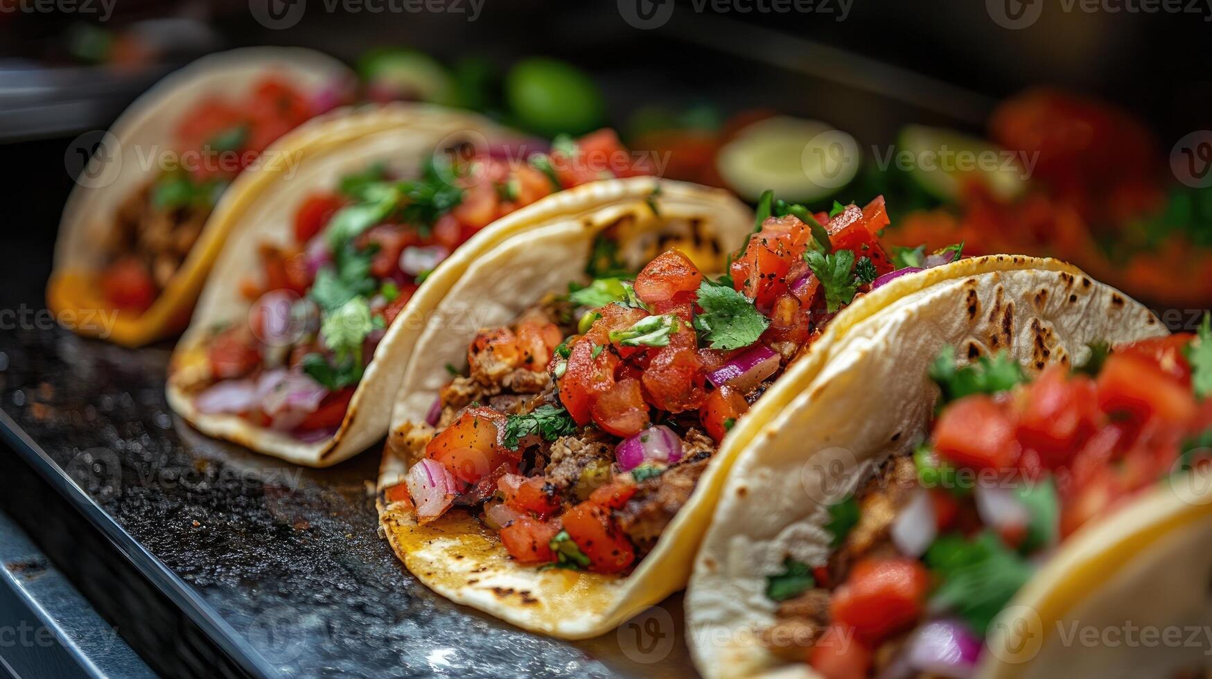 Delicious chicken tacos lying on baking sheet waiting to be served photo