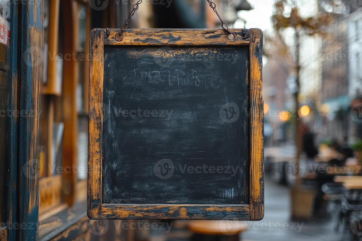 Empty blackboard hanging on building exterior is displaying nothing photo