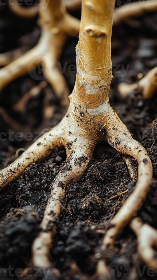 Tree roots growing in fertile soil photo