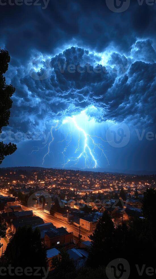 Lightning strike illuminating night sky over small town photo