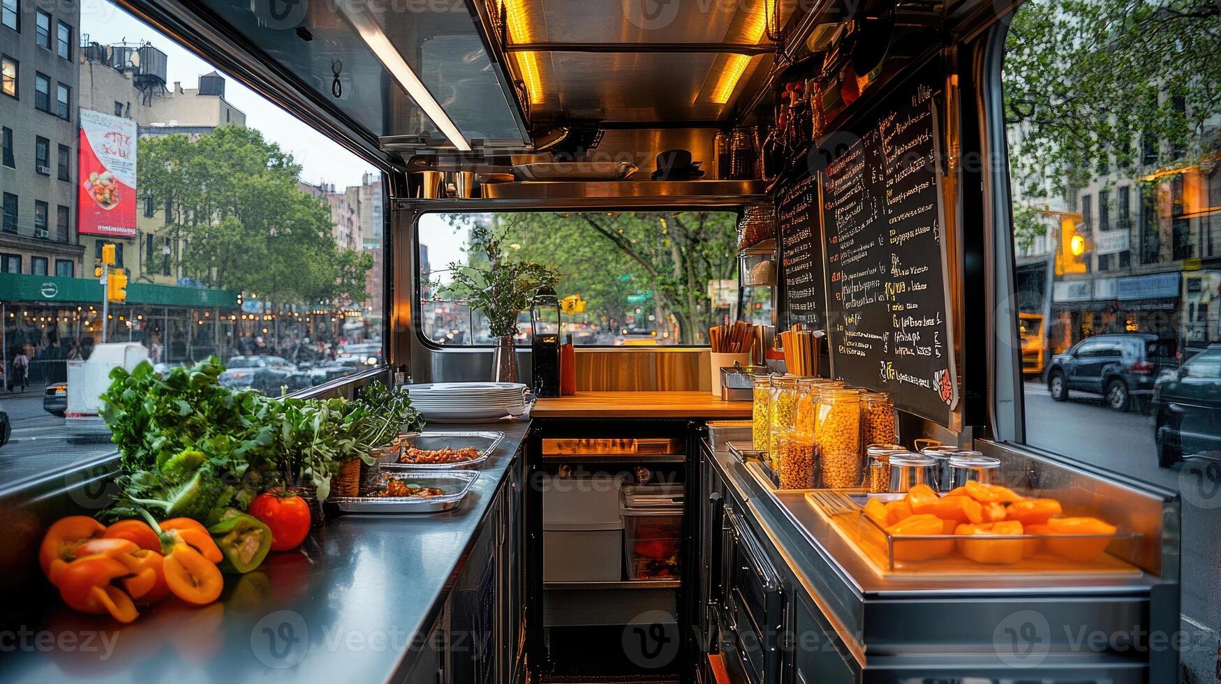 Inside view of food truck with fresh ingredients waiting to be cooked photo