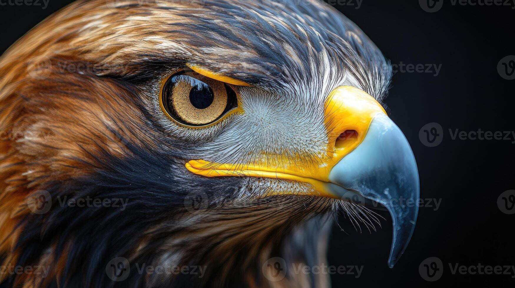 Golden eagle staring with intense gaze on dark background photo