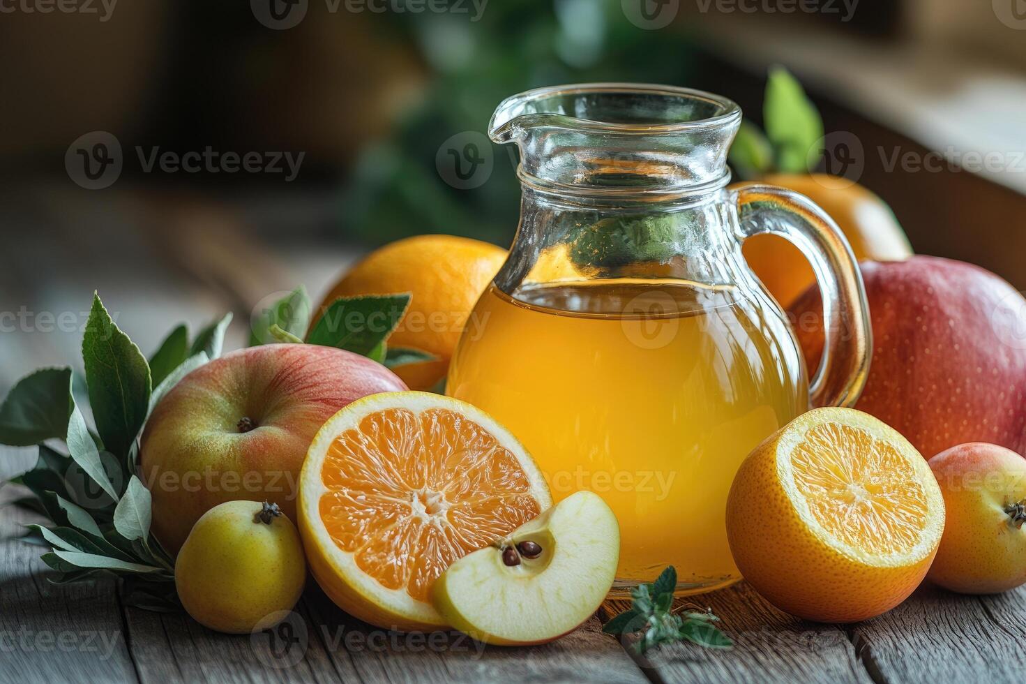 Glass pitcher of apple juice sitting on rustic wooden table with apples and oranges photo