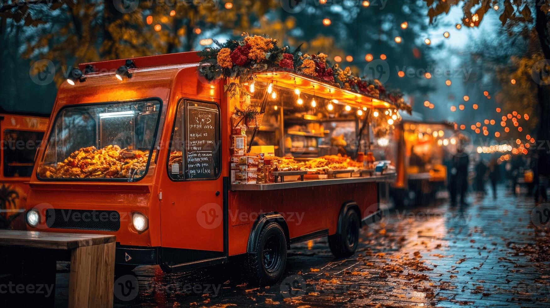 Red food truck selling fall food at an outdoor market during a rainy autumn day photo
