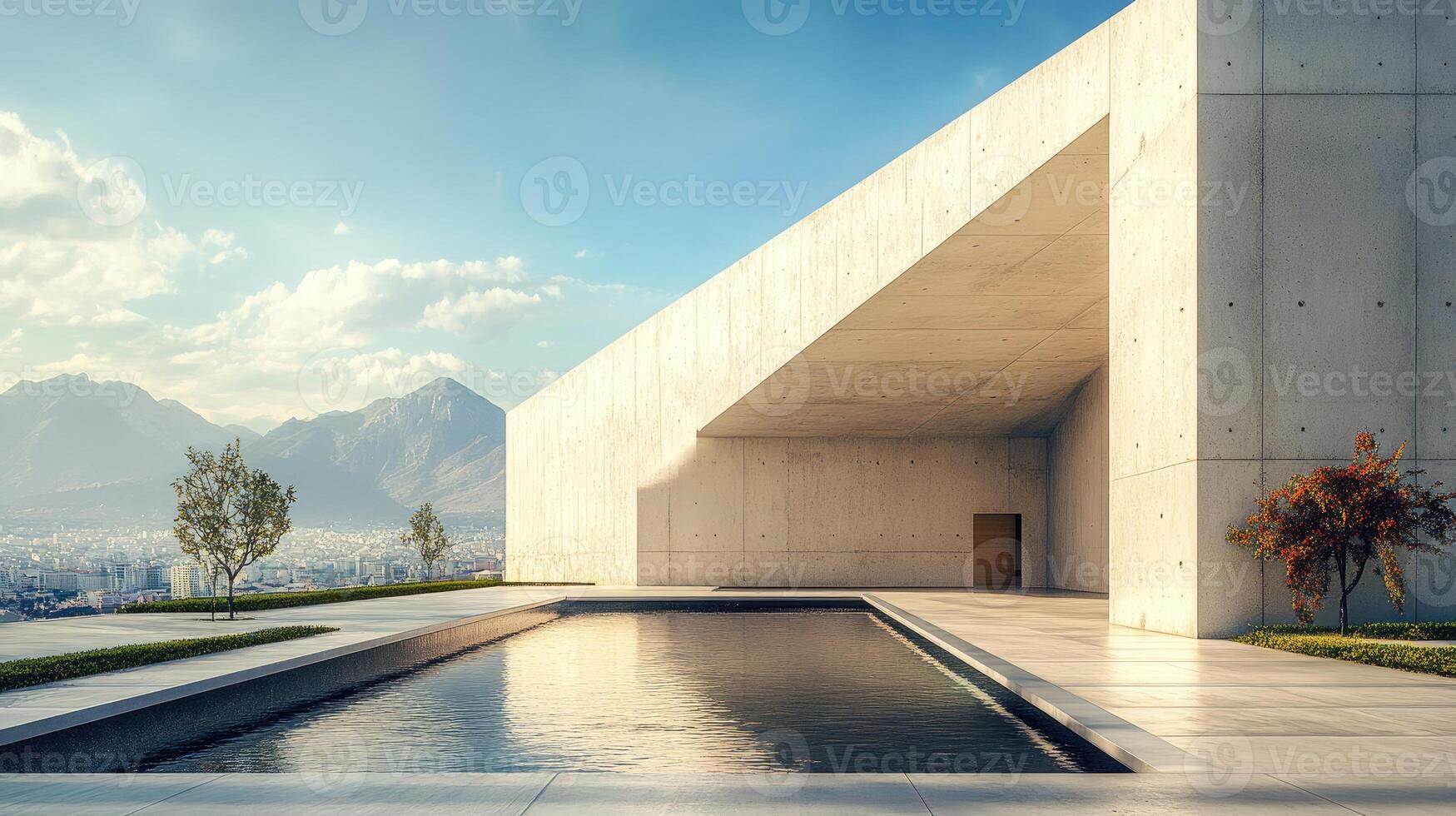 Modern concrete building overlooking a city with mountains in the background photo