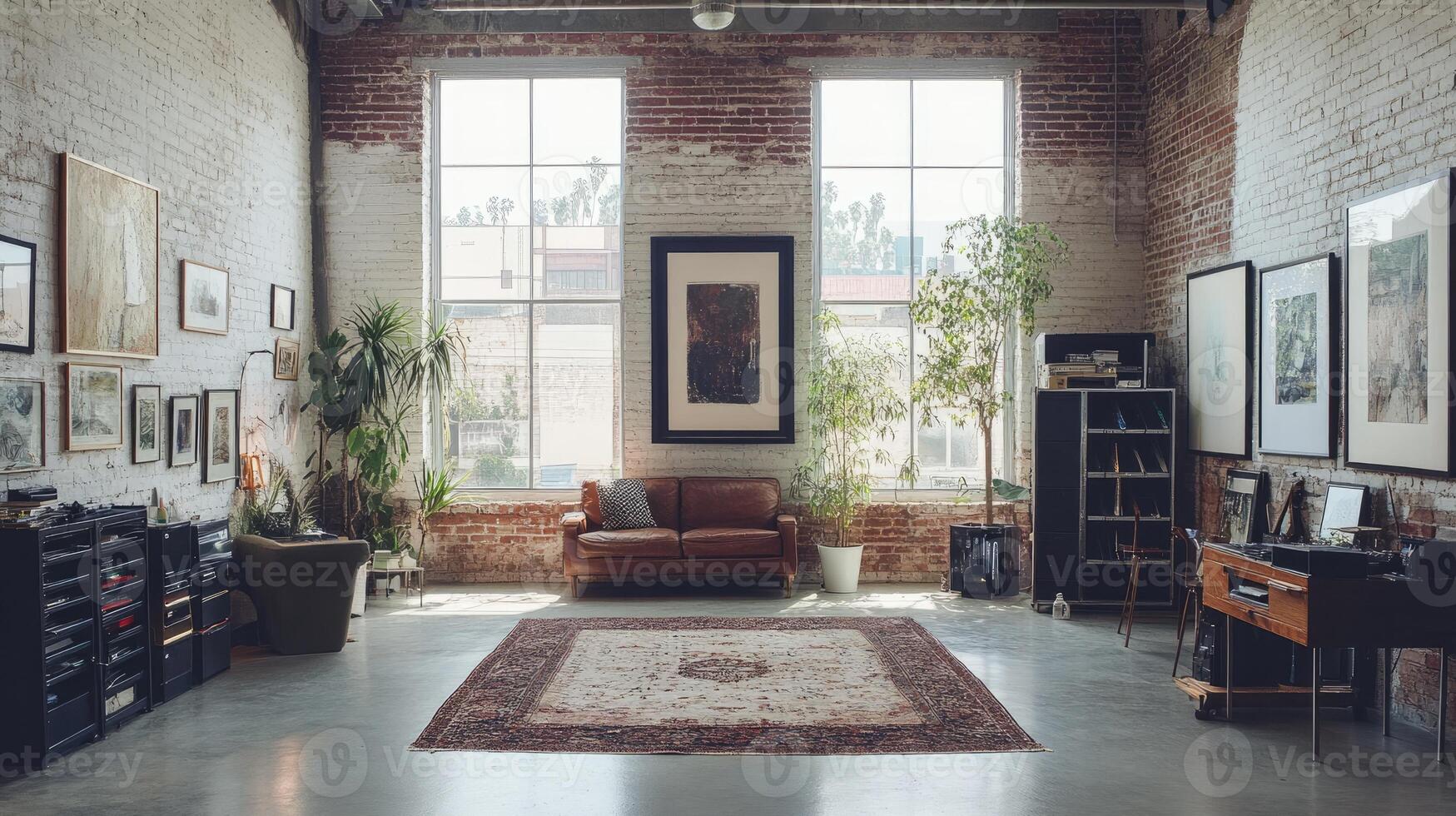 Wide empty open plan artist's studio apartment is bathed in natural light from large windows photo