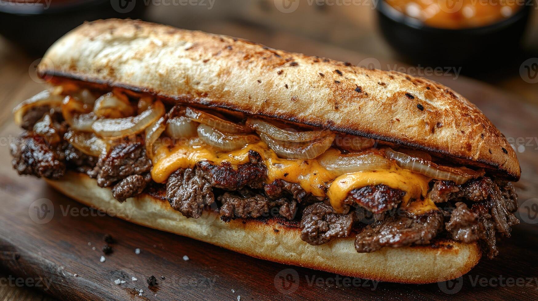 Delicious philly cheesesteak sandwich overflowing with juicy roast beef and melted cheese photo