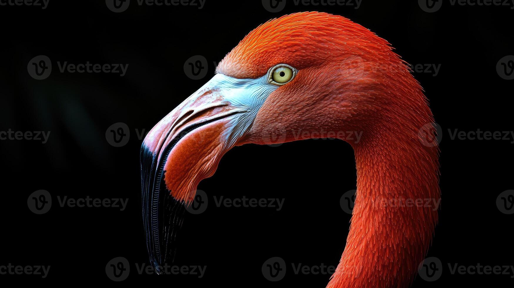 Pink flamingo posing on a black background photo