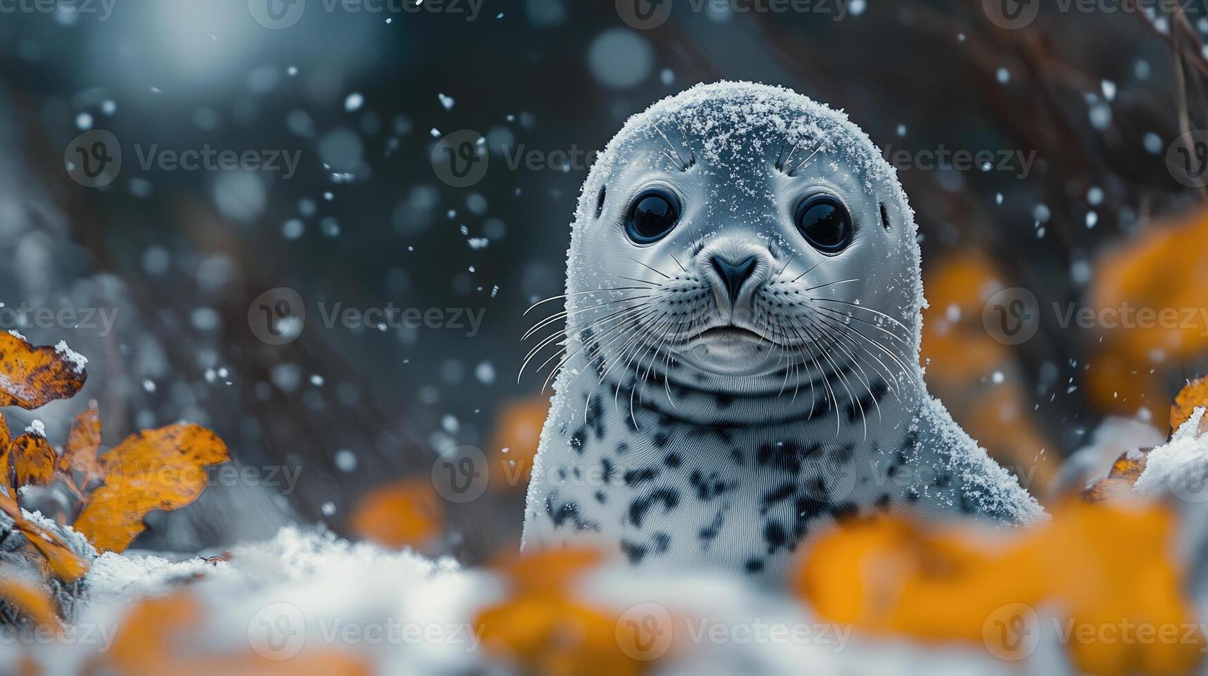 Baby harp seal relaxing in snowfall with autumn leaves photo