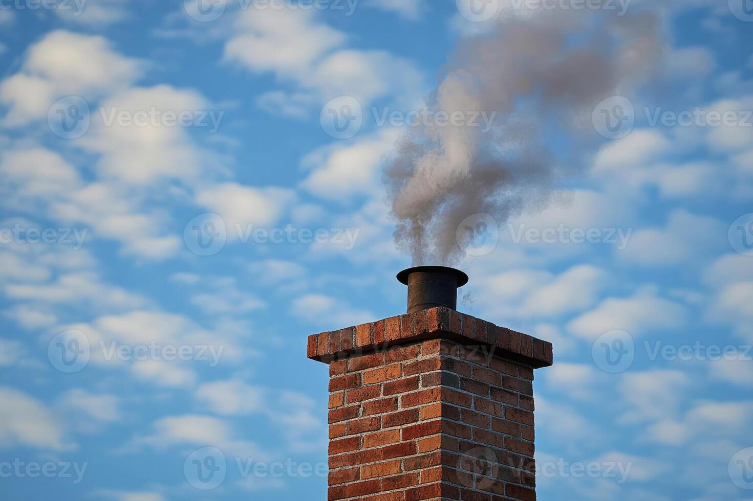Brick chimney releasing smoke into blue sky with clouds photo