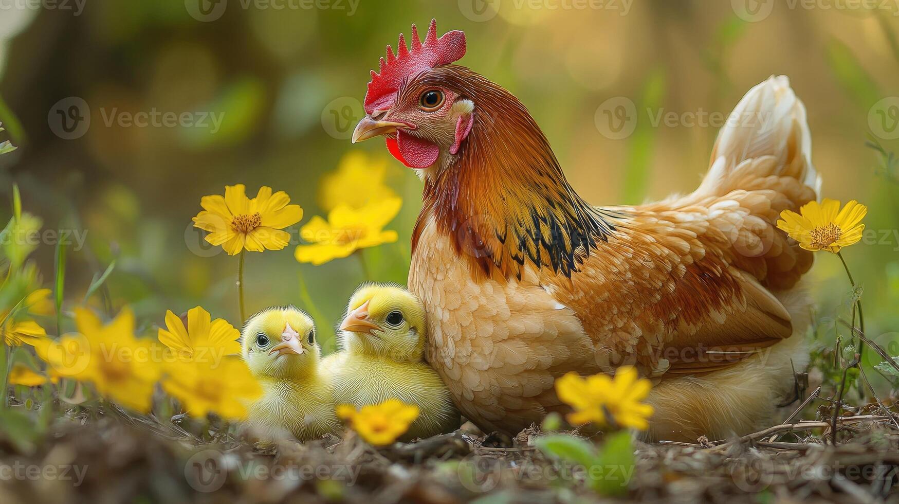 Mother hen guarding chicks in a field of flowers photo