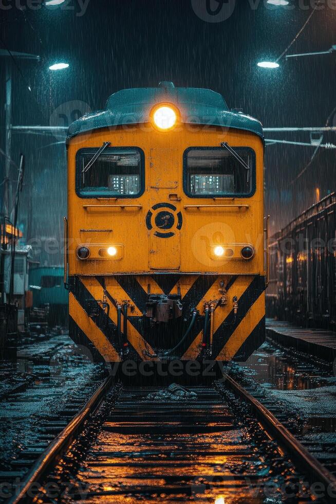 Yellow train waiting on tracks in rain at night photo