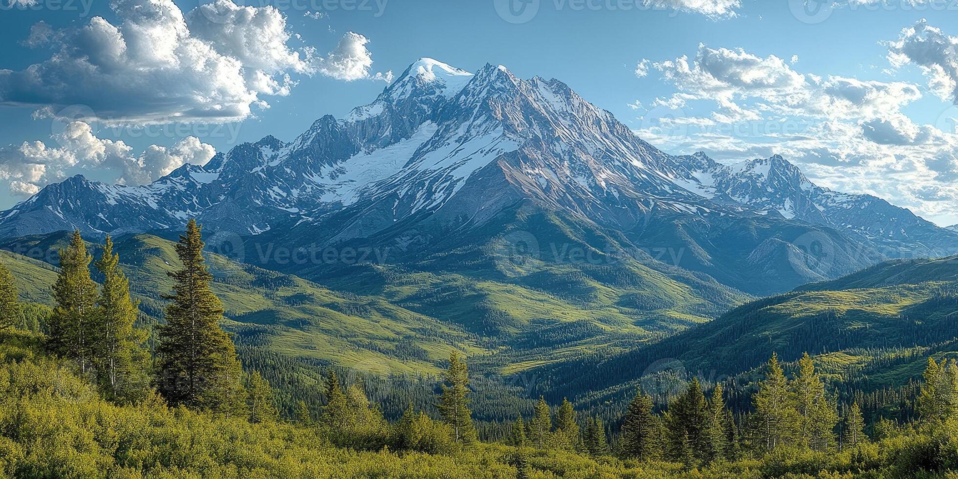 Snow capped mountain peak towering over evergreen forest photo