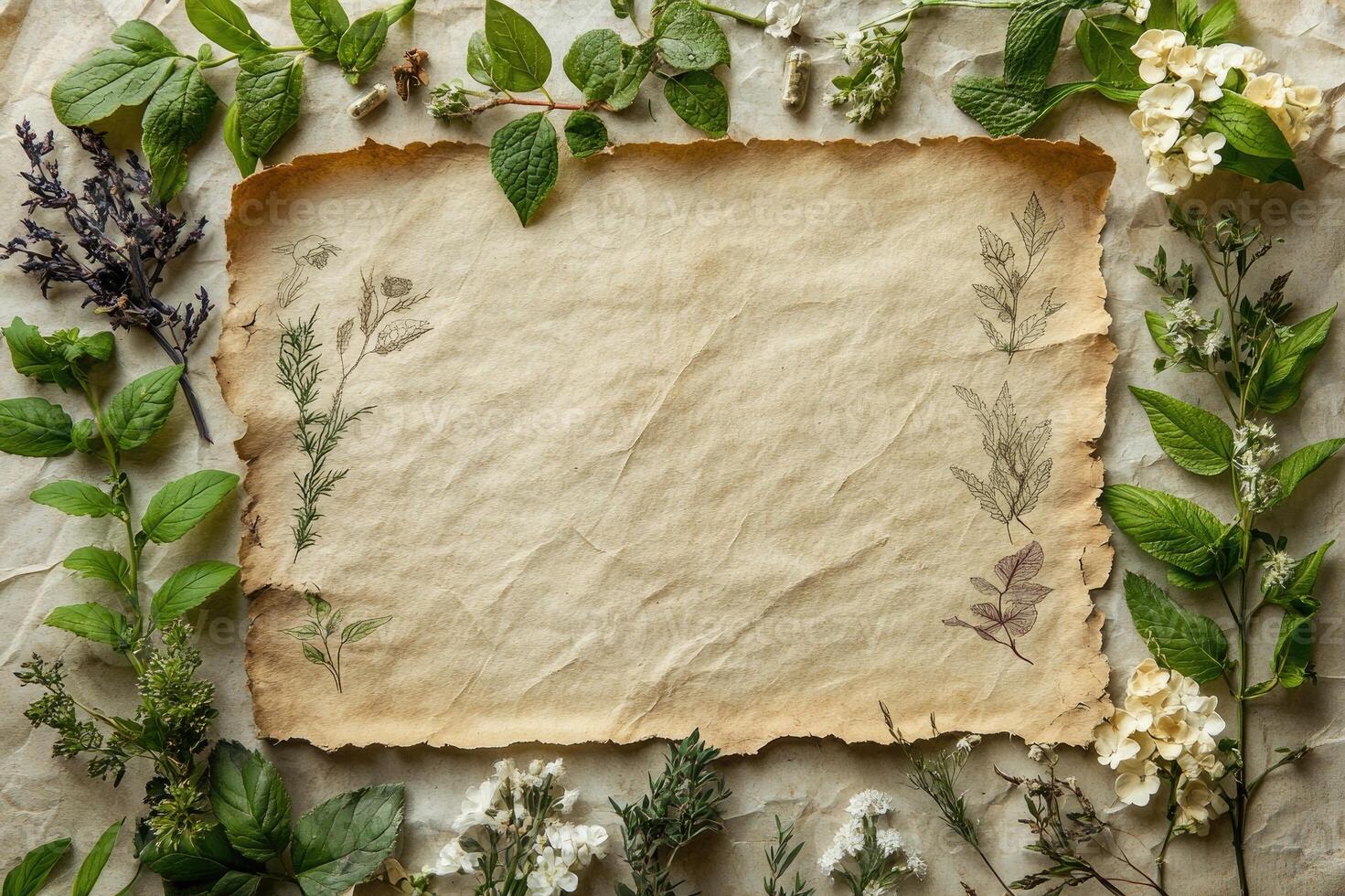Old parchment paper surrounded by flowers and leaves creating a natural frame photo