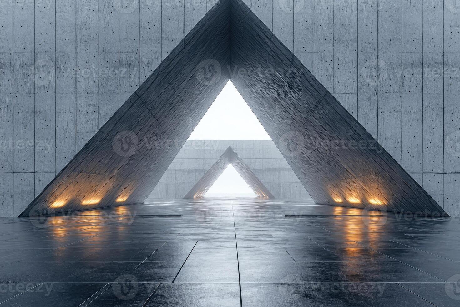 Abstract concrete building interior with triangle shaped pillars photo