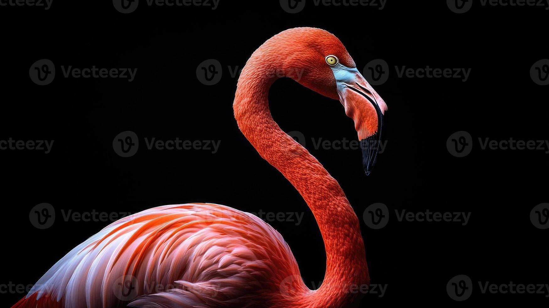Pink flamingo posing on a black background photo