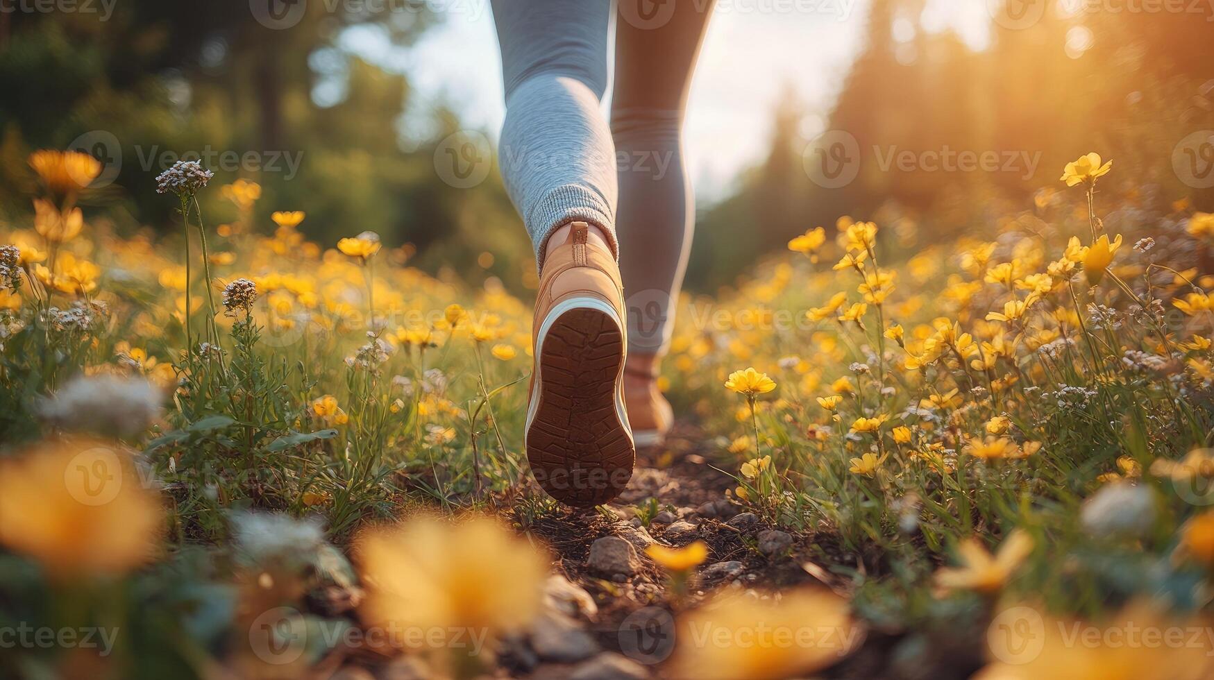 Woman hiking on a trail through a field of wildflowers photo