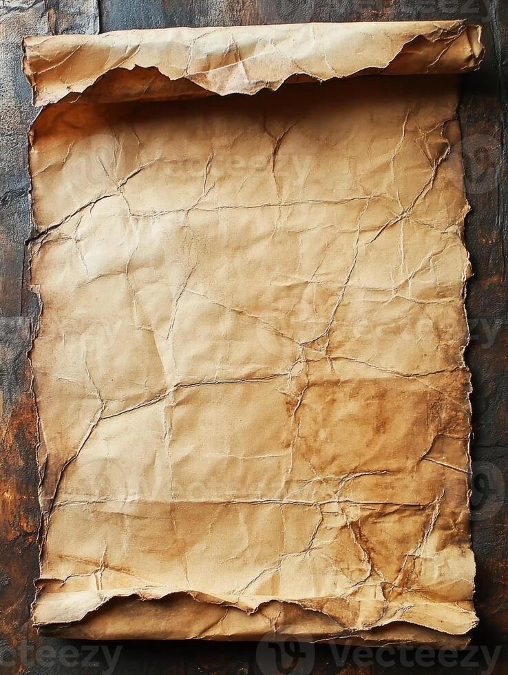 Old blank parchment scroll on a dark wooden table photo