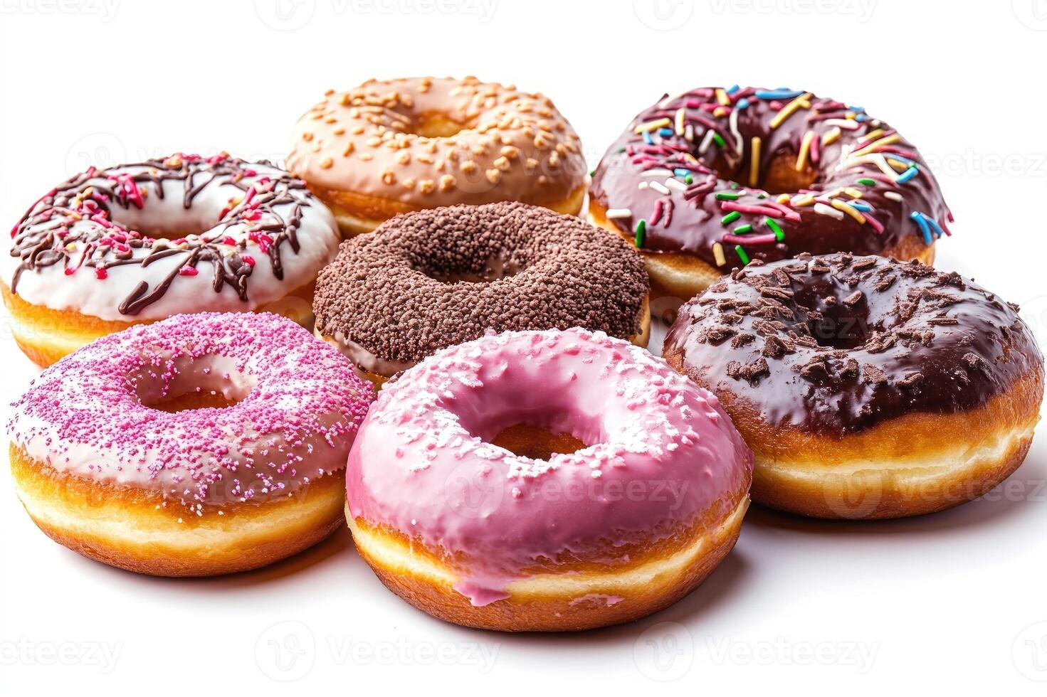 Delicious donuts with glazing and sprinkles forming a grid on white background photo