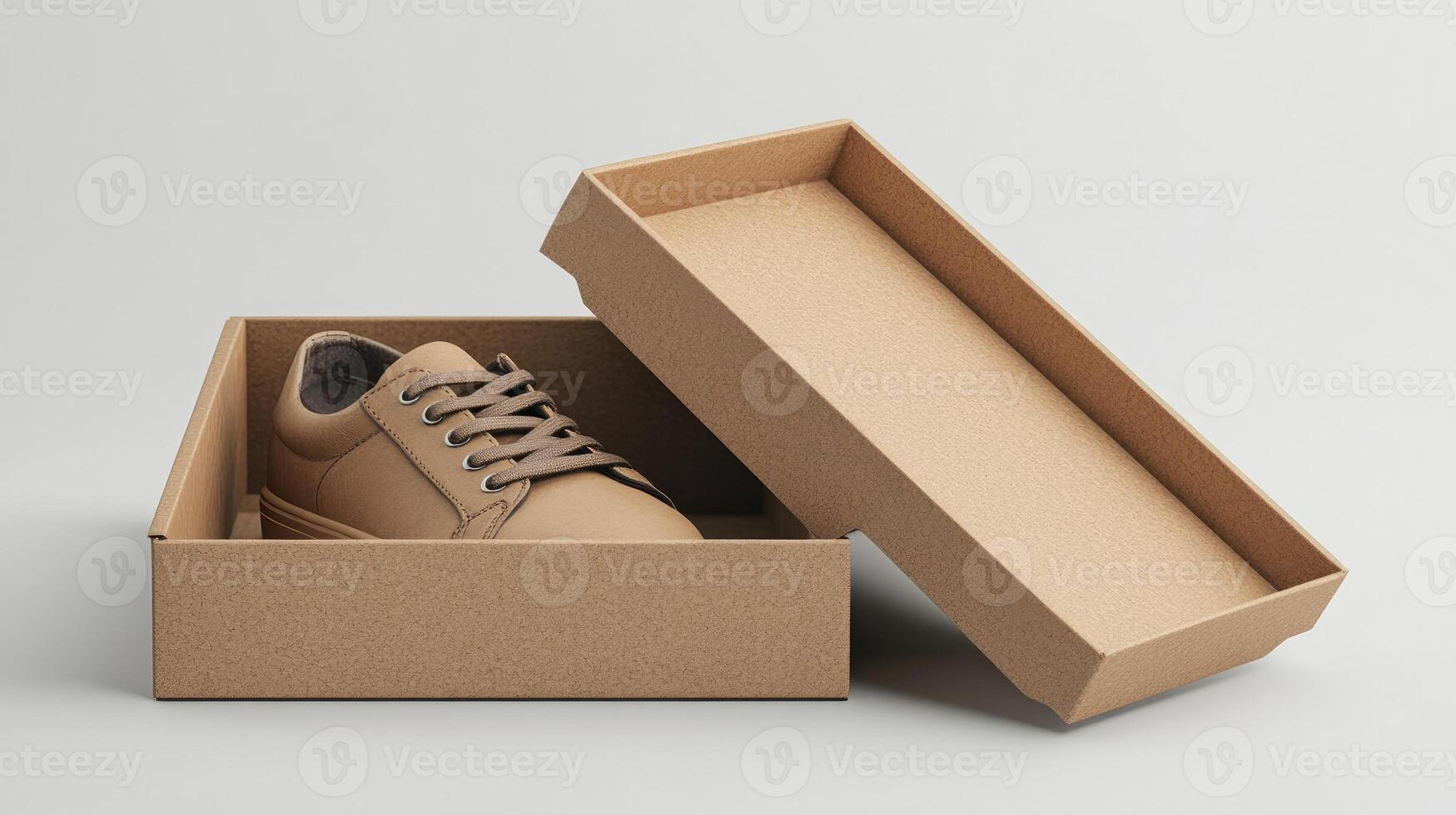 One single new brown leather shoe in cardboard box packaging photo