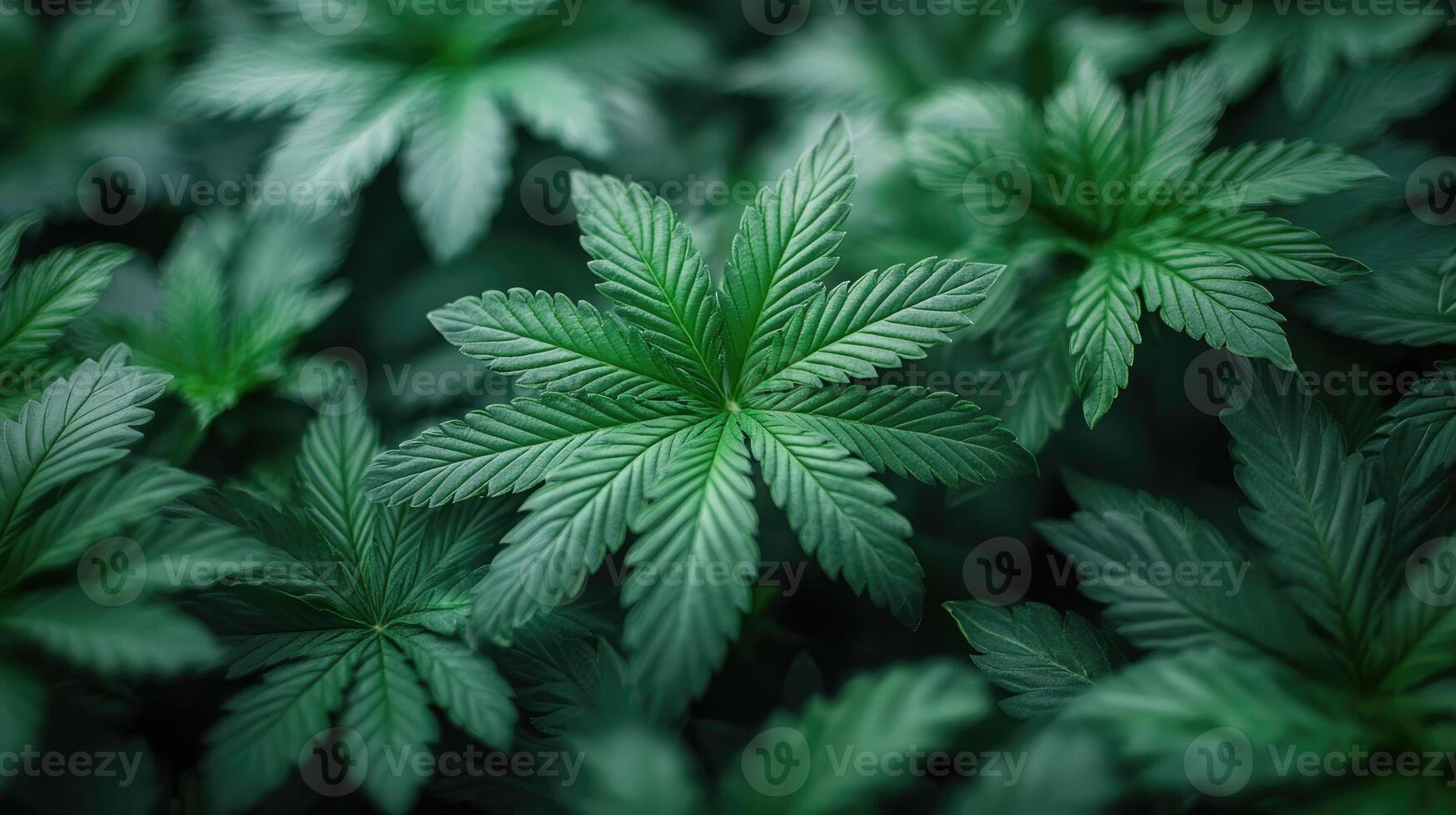 Cannabis leaves growing on farm, creating textured green background photo