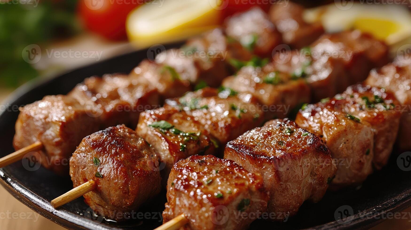 Juicy beef kebabs with herbs served on black plate photo