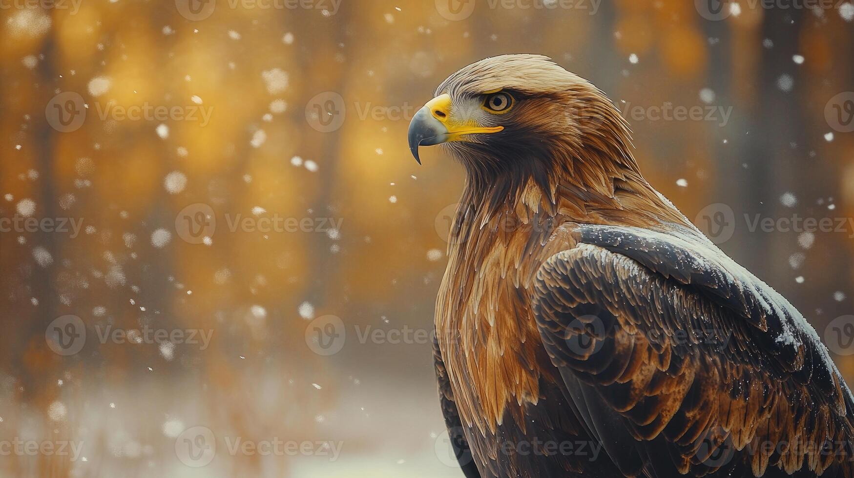 Majestic golden eagle posing during snowfall in autumn photo
