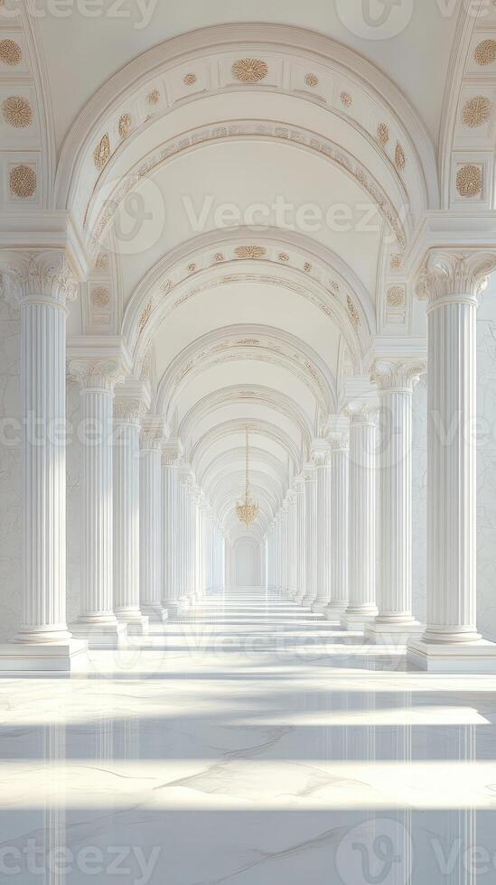 Sunlight illuminating a palace hallway with marble columns photo