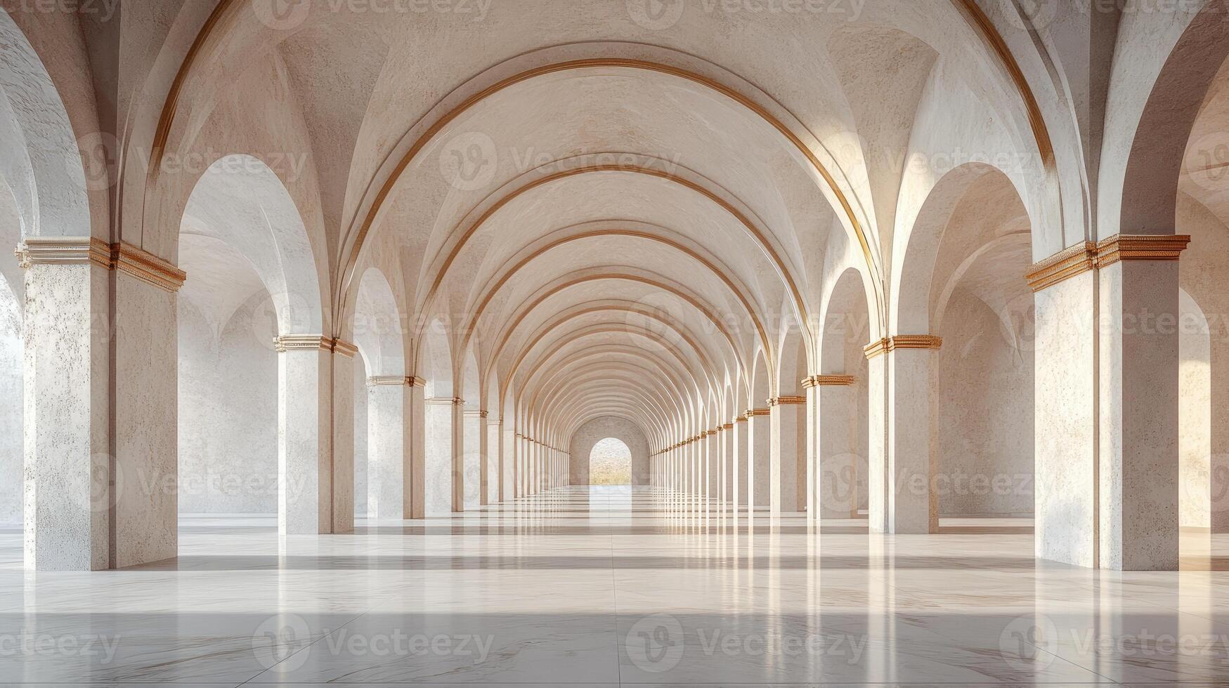 Classical architecture interior with columns forming a hallway leading to the light photo