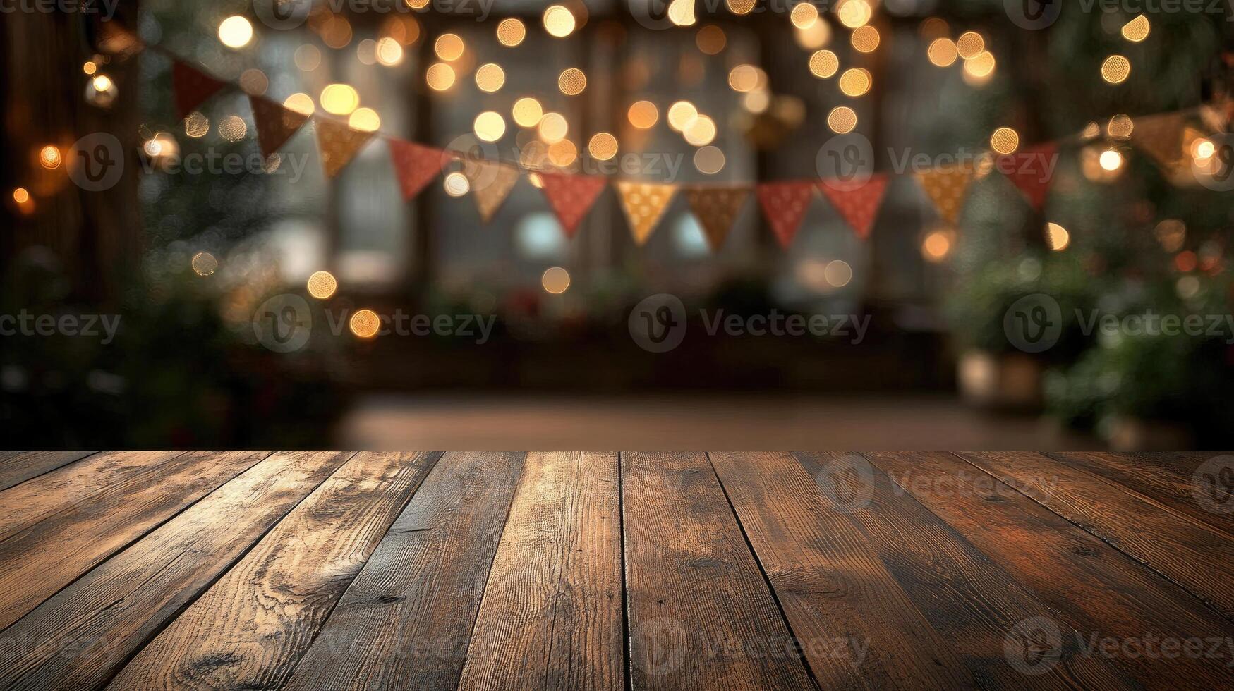 Empty wooden tabletop with festive lights and decorations providing copy space for product placement photo