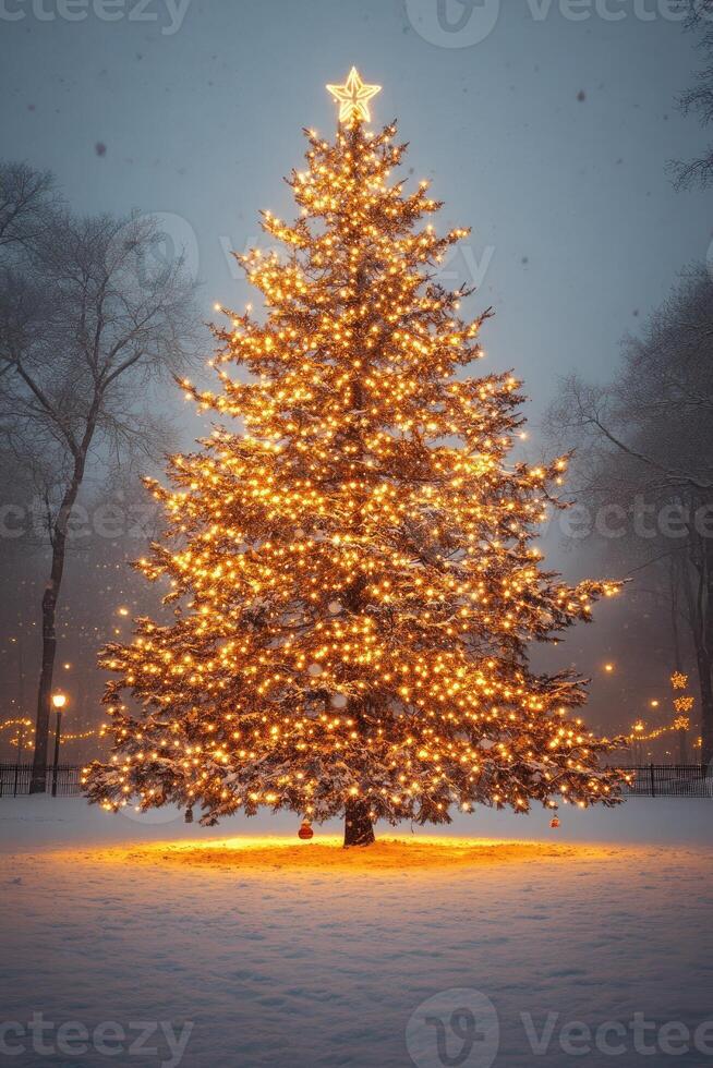Large decorated christmas tree standing in snow with lights glowing photo