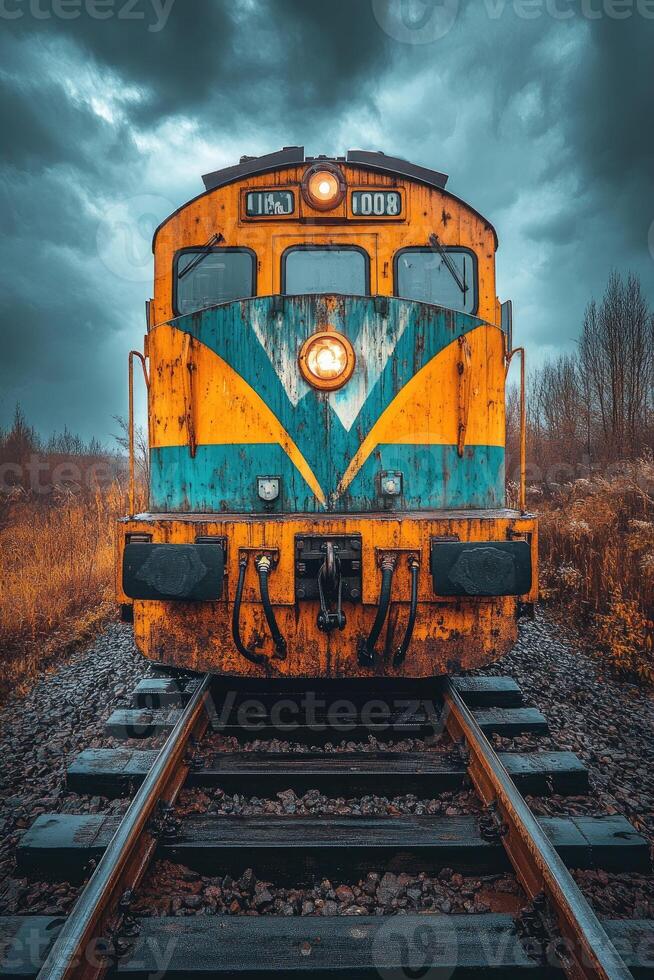 Old rusty yellow and blue train locomotive on tracks under cloudy sky photo