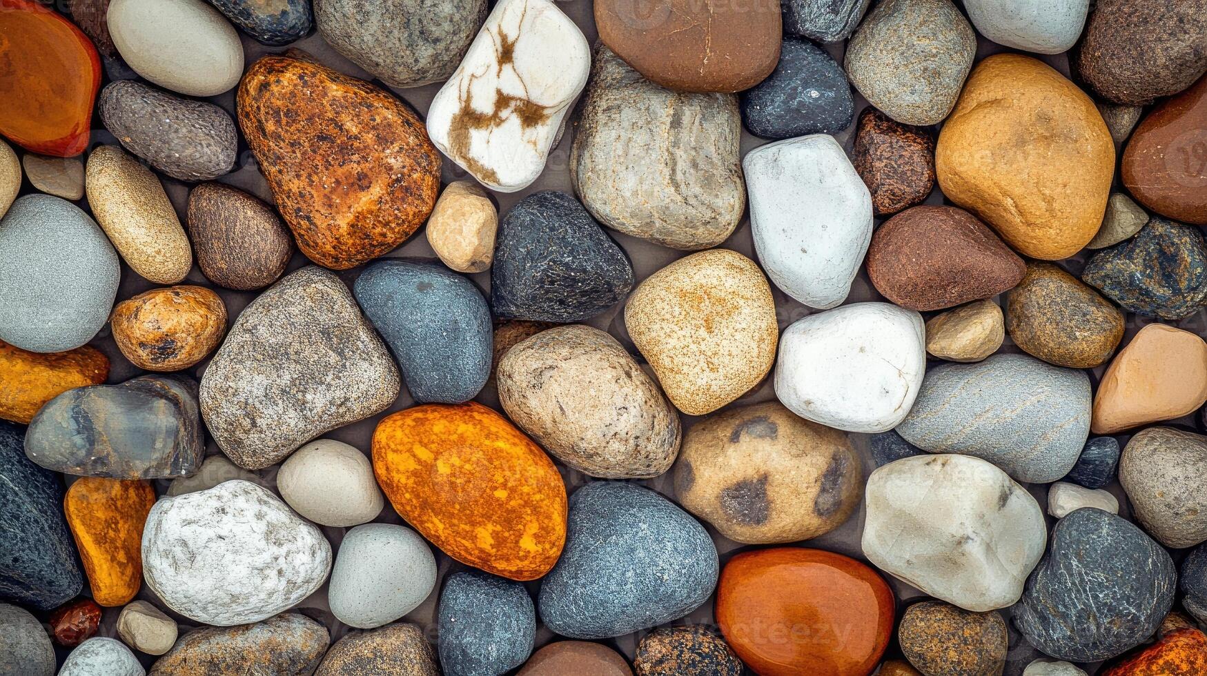 Variety of smooth polished colorful pebbles forming a beautiful natural background photo