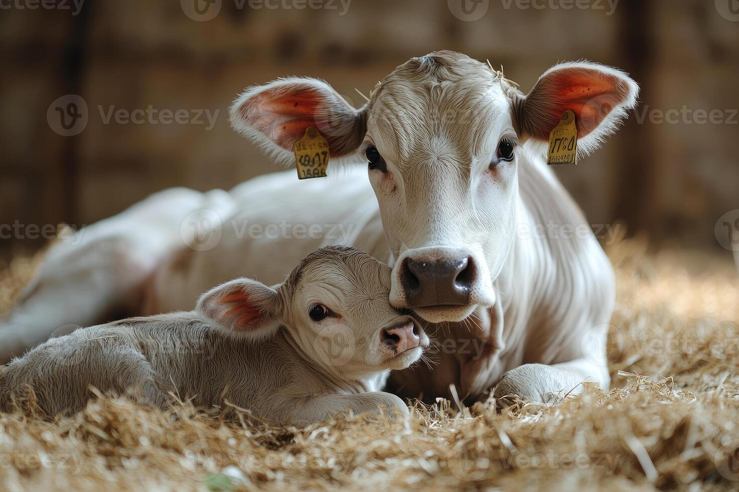 Cow showing affection to calf in barn photo