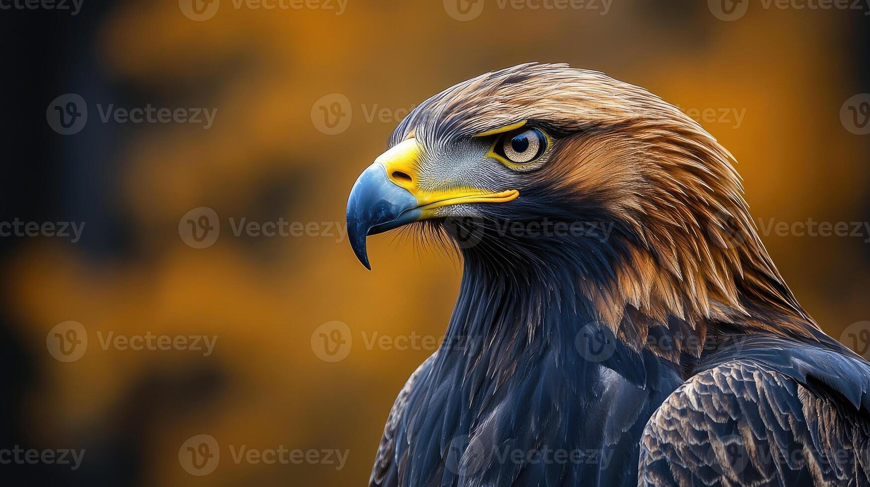 Majestic golden eagle posing during snowfall in autumn photo