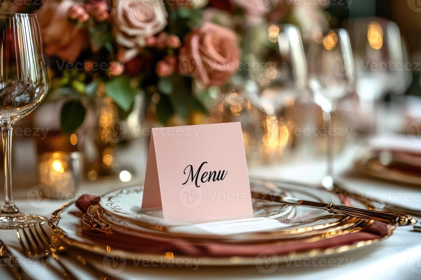 Elegant menu displayed on a table setting for a fancy dinner party photo
