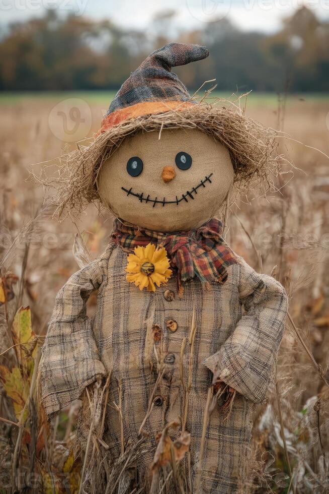 Scarecrow standing in a field wearing a plaid shirt photo