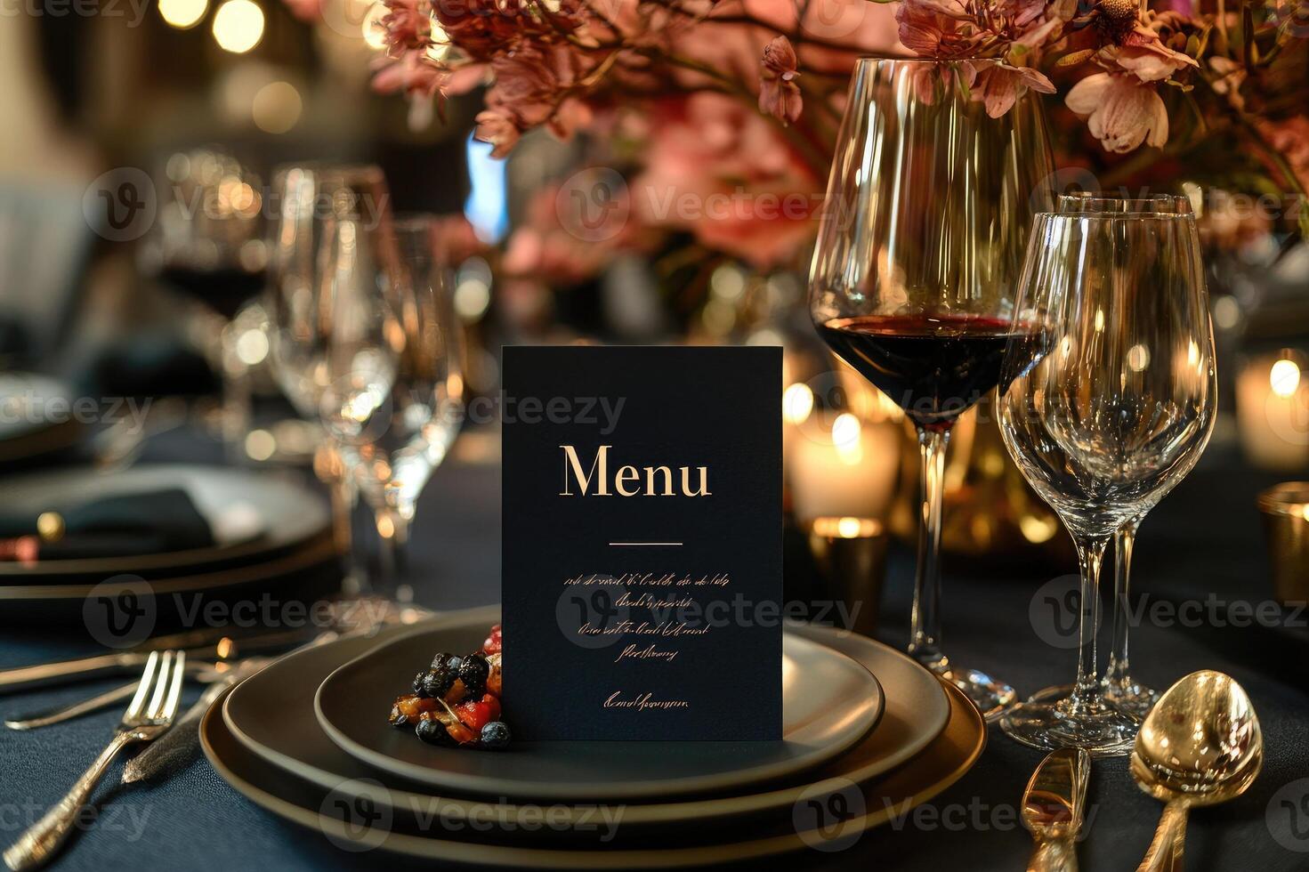 Elegant black menu on a table setting at a wedding reception photo