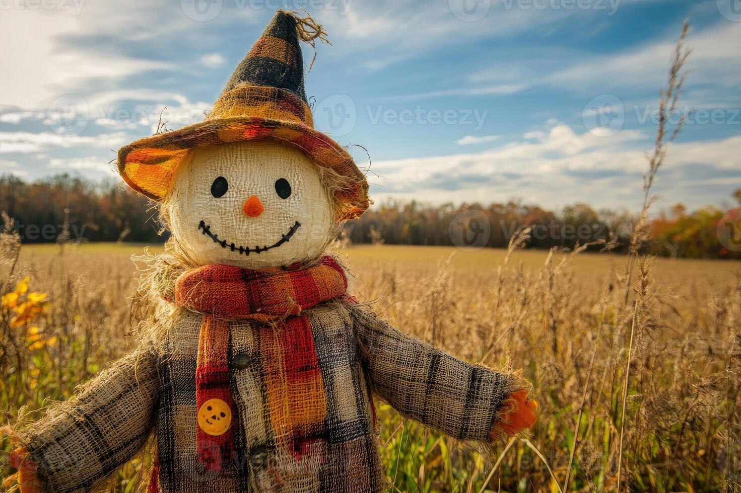 Smiling scarecrow wearing a hat and scarf standing in a cornfield photo