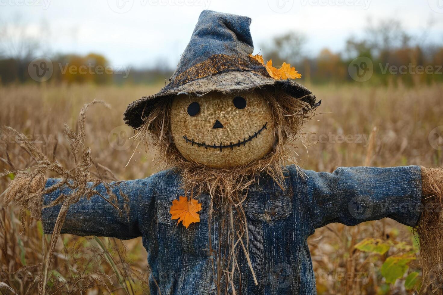 Smiling scarecrow wearing a hat and autumn leaves standing in a field photo