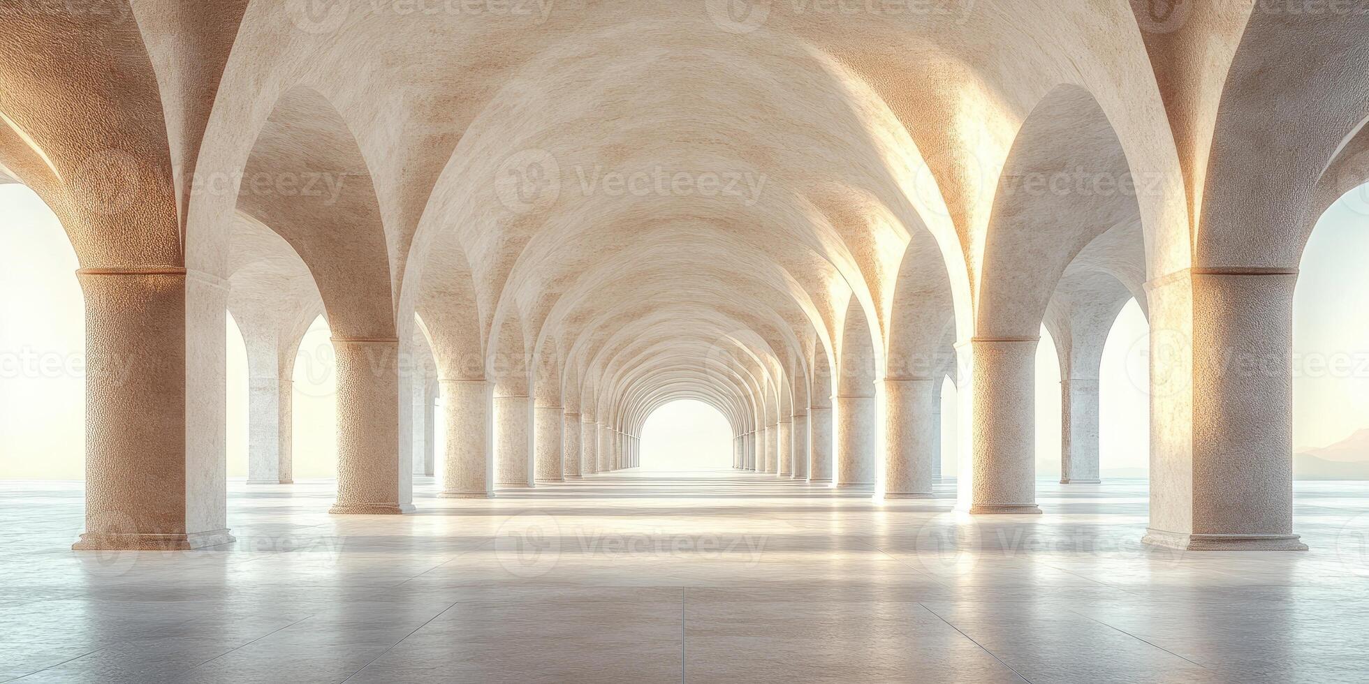 Classical architecture interior with columns forming a hallway leading to the light photo