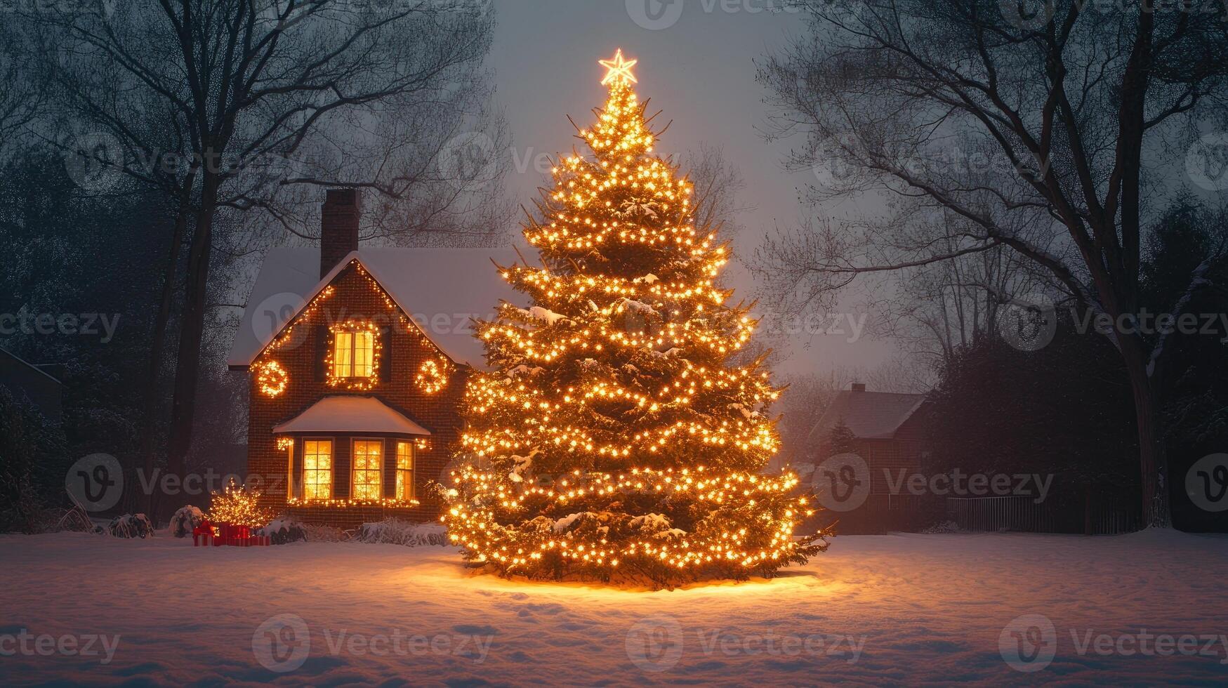 Large glowing christmas tree lighting up a snowy front yard photo